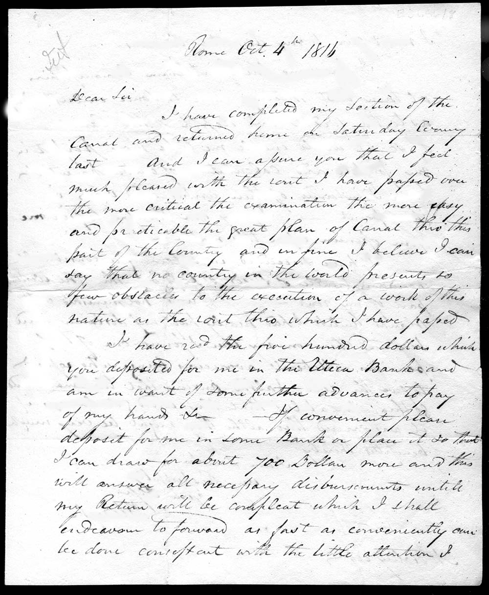 Letter from Benjamin Wright, canal engineer, to canal commissioner Myron Holley, Rome, 1816 page 1