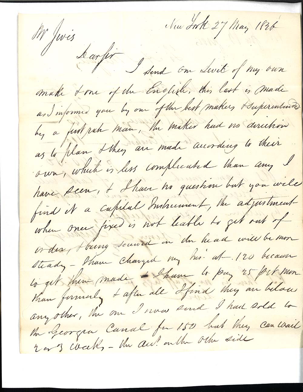 Letter from Henry I. Megasey to John B. Jervis, New York, May 27, 1826 page 1