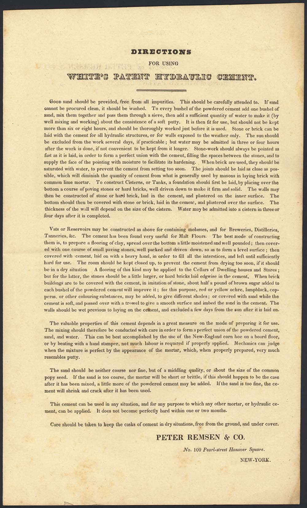 "Directions for Using White's Patent Hydraulic Cement" page 1
