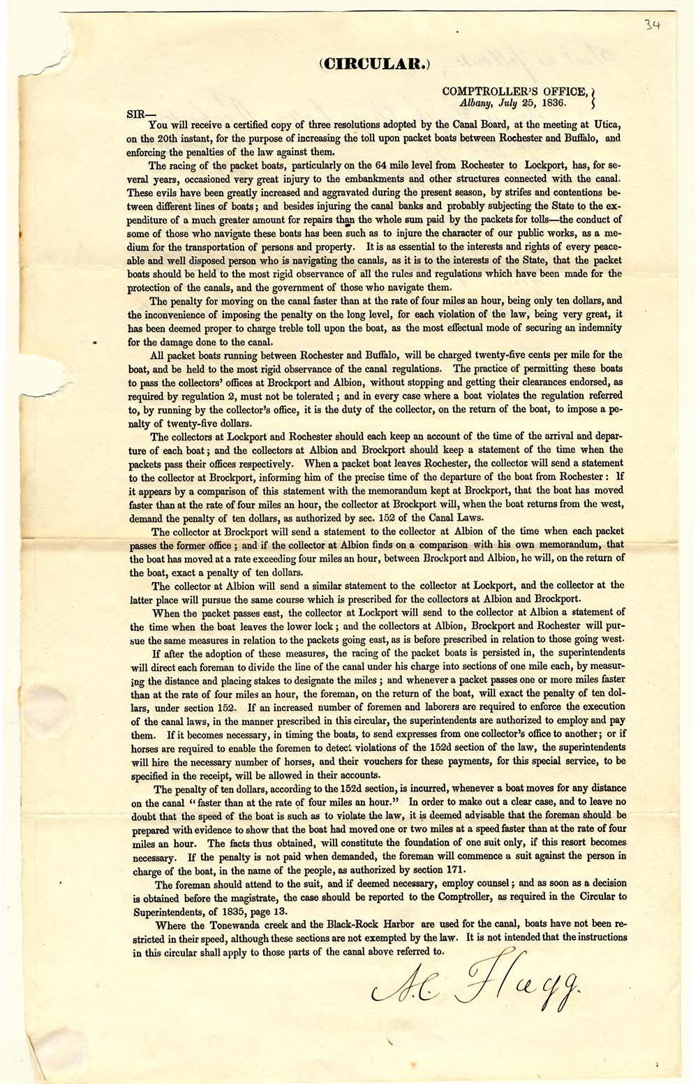 Notice distributed by the New York State Comptroller's Office, Albany, July 25, 1836 page 1