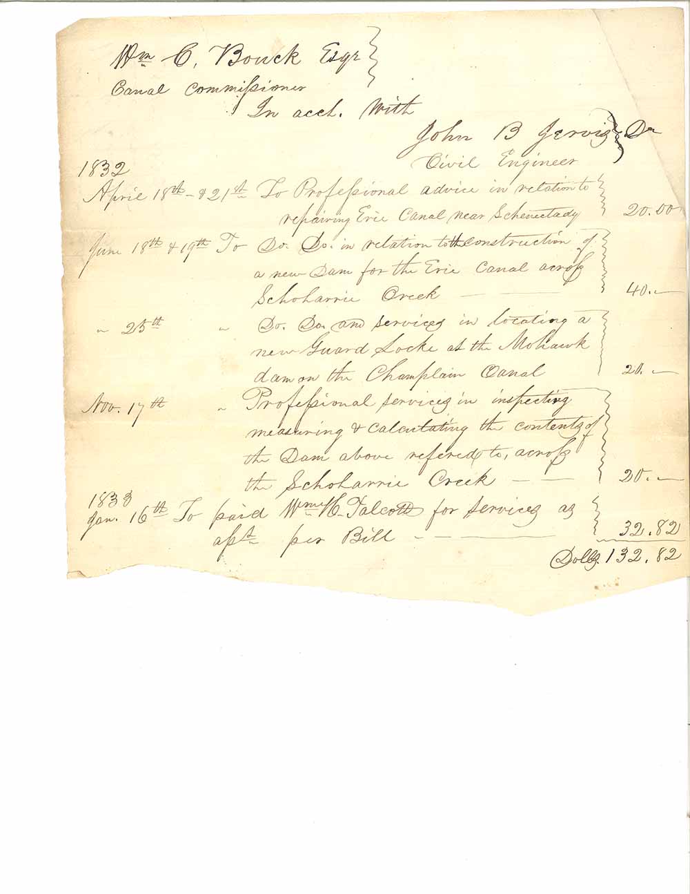Log of services submitted by civil engineer John B. Jervis to canal commissioner William C. Bouck for the period of April 1832 to January 1833 page 1