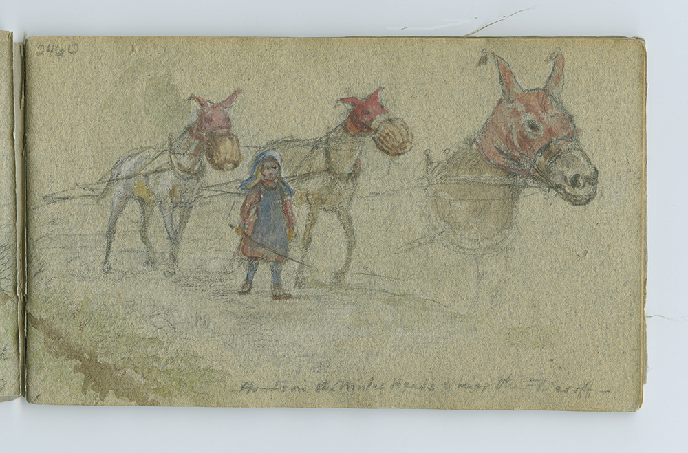 Watercolor sketch, c. 1890, by E.L. Henry, of a girl driving mules on the Delaware and Hudson Canal page 1