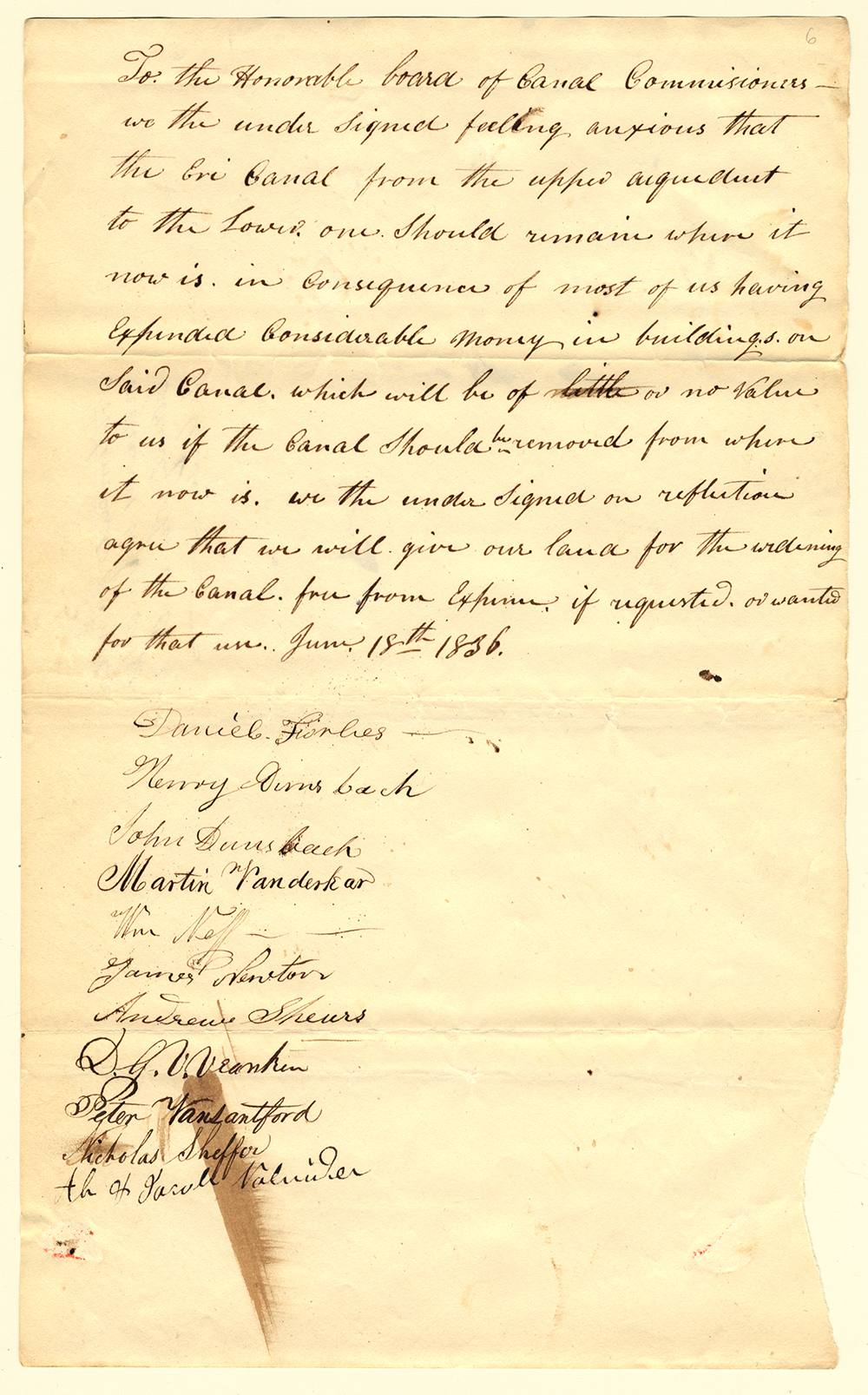 Petition to the canal commissioners regarding a proposed change in the route of the canal, June 18, 1836 page 1