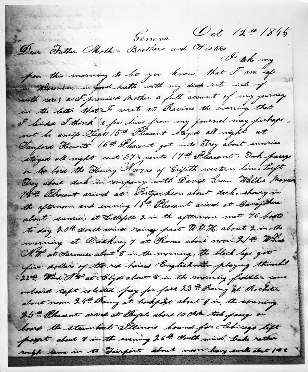 Letter written by Job Orlando Mattison to his father, mother, brother, and sisters, Geneva Wisconsin, October 12, 1845 page 1