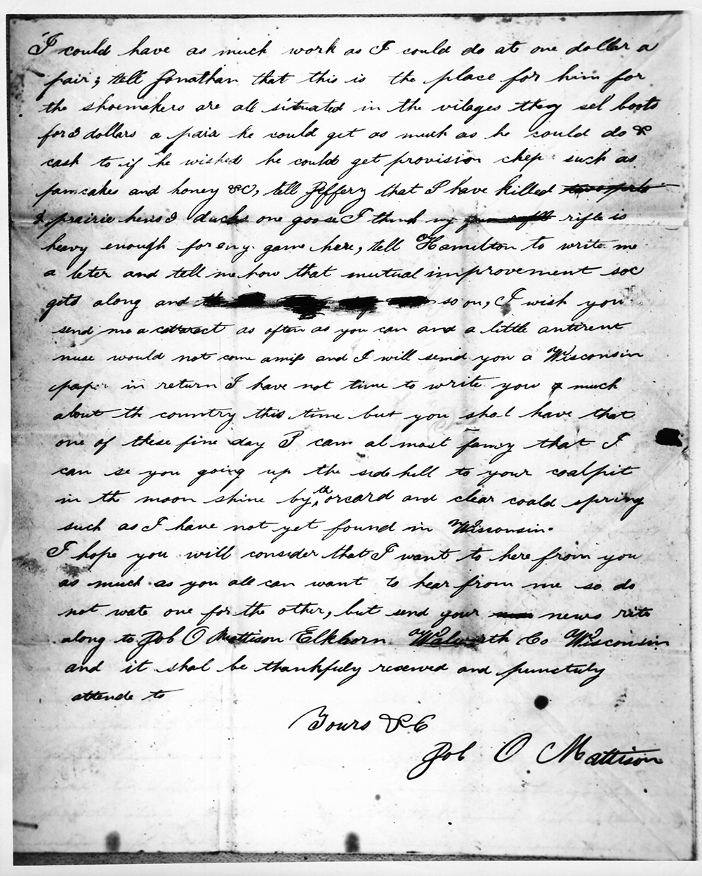 Letter written by Job Orlando Mattison to his father, mother, brother, and sisters, Geneva Wisconsin, October 12, 1845 page 3