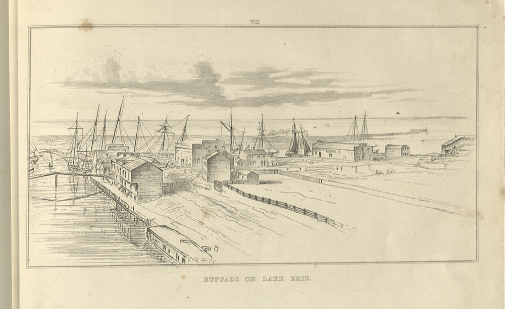 Drawing of the western end of the Erie Canal at Buffalo, looking westward down Commercial Slip, 1827 page 1