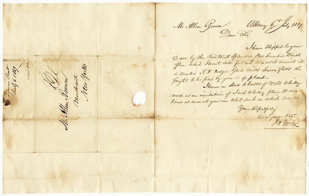 Letter from J.H. Green, for Lyman Root, Albany, to Mr. Allen Brown, July 6, 1839 page 1