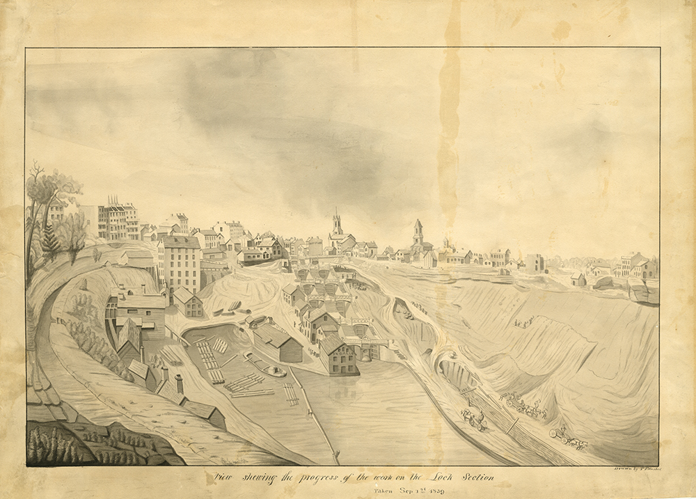 Pencil drawing View showing progress of work on the Lock Section, at Lockport, 1839 page 1