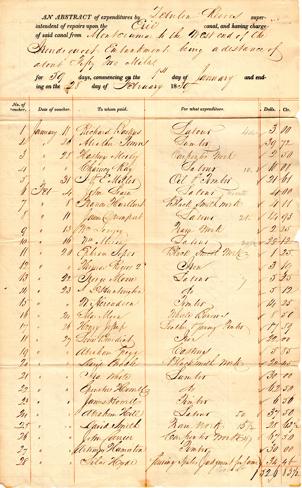 Abstract of expenditures submitted by the superintendent of repairs for the section of the Erie Canal between Montezuma and the west end of the Irondequoit Embankment, a distance of 52 miles. page 1