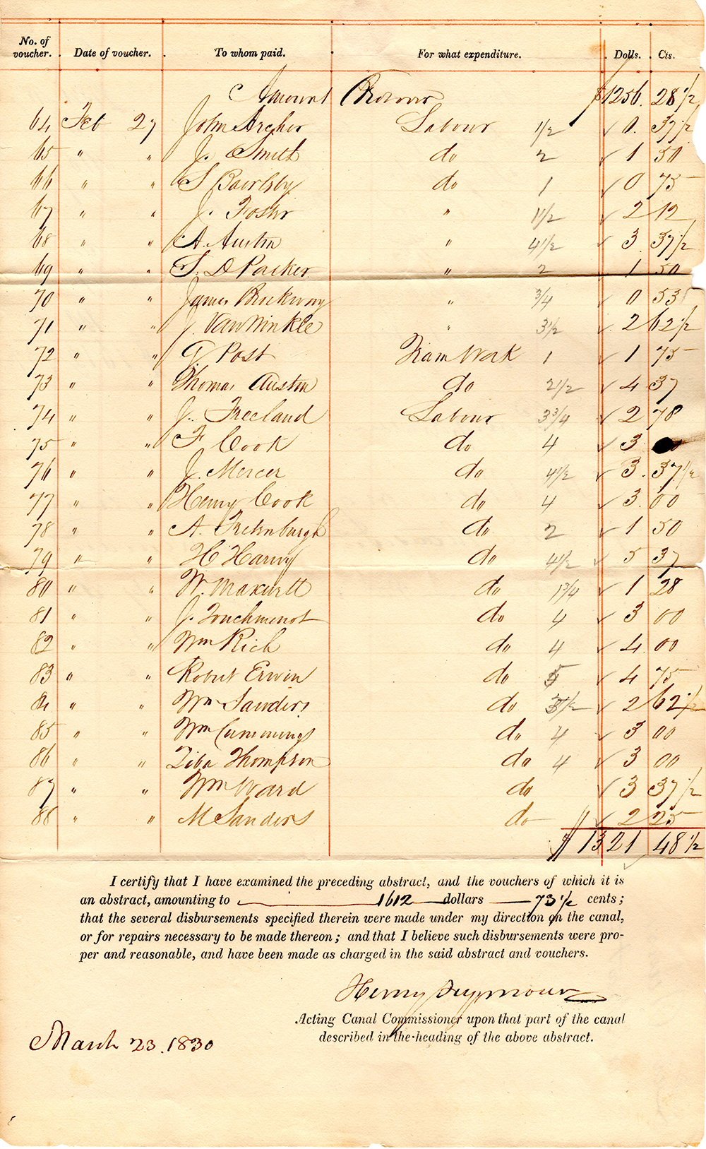 Abstract of expenditures submitted by the superintendent of repairs for the section of the Erie Canal between Montezuma and the west end of the Irondequoit Embankment, a distance of 52 miles. page 3