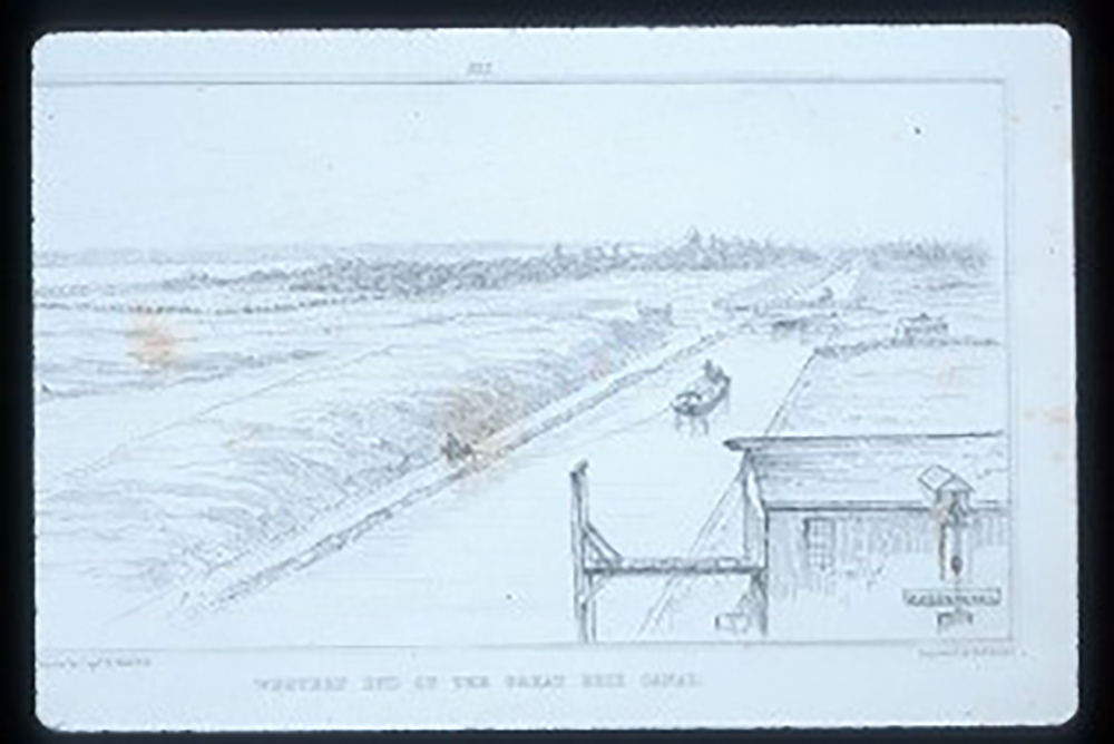 Drawing of the western end of the Erie Canal at Buffalo, looking northwest, 1827 page 1