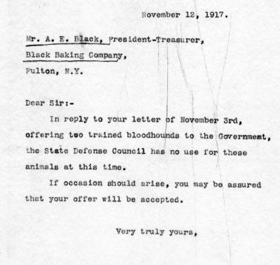 Letter to A. E. Black, Reply Declining Two Bloodhounds, 1917 thumbnail page 1
