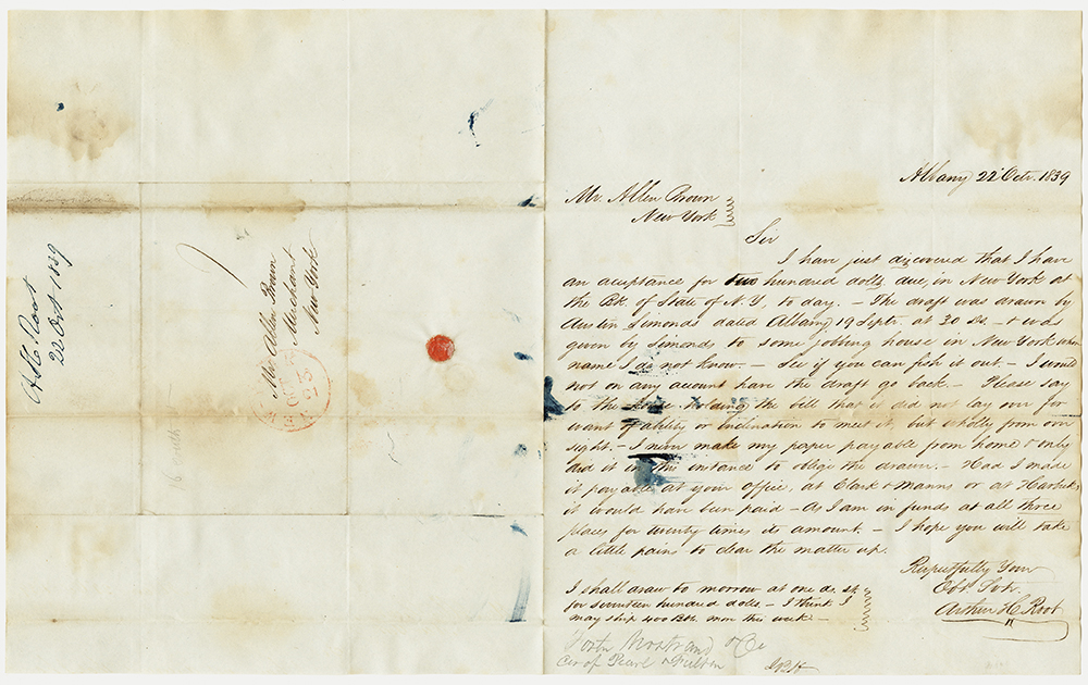 Letter from Arthur H. Root, Albany, to Mr. Allen Brown, New York, October 22, 1839 page 1