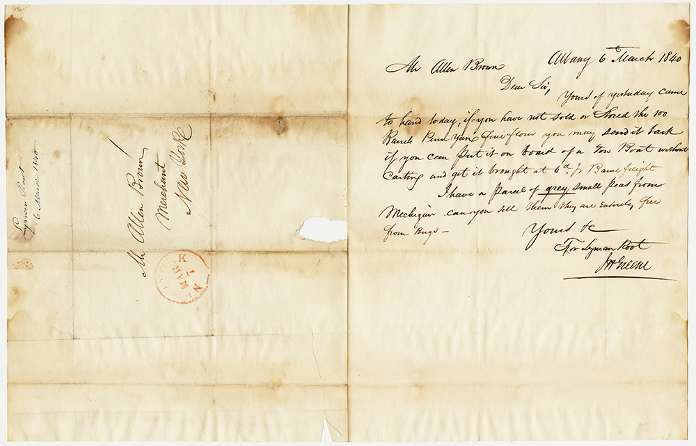 Letter from J.H. Green, for Lyman Root, Albany to Mr. Allen Brown, March 6, 1840 page 1