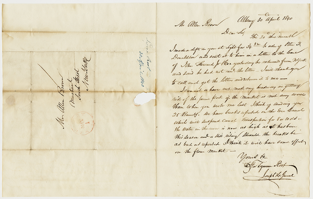 Letter from J.H. Green, for Lyman Root, Albany, to Mr. Allen Brown, April 30, 1840 page 1