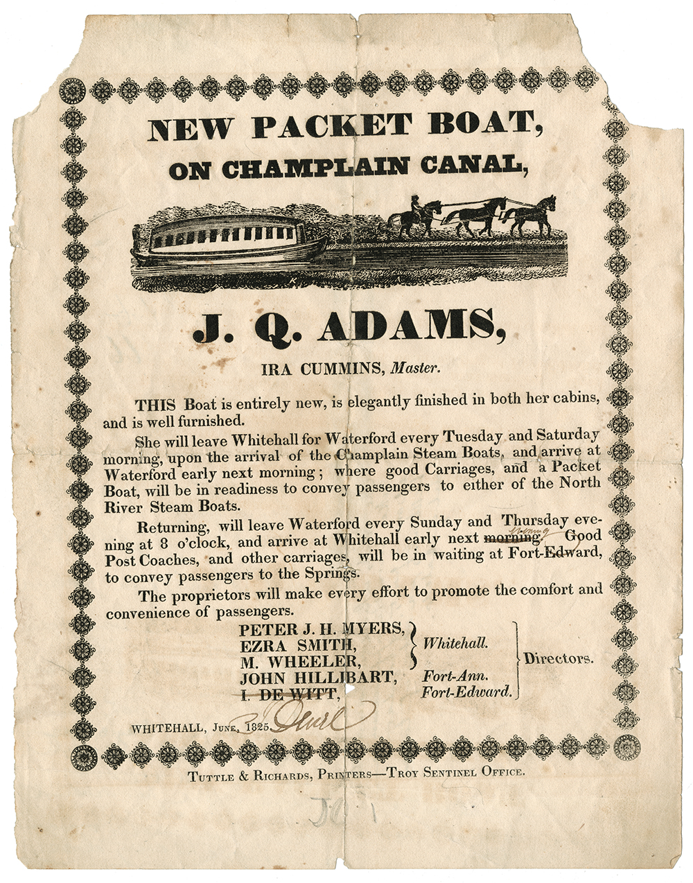 Broadside advertising a new packet boat on the Champlain Canal, 1825 page 1