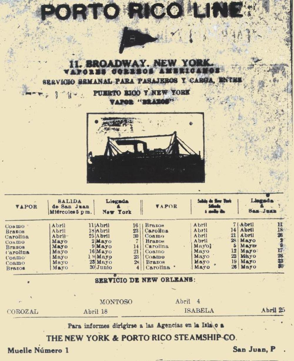 Porto Rico Line Steamship Schedule, Puerto Rico - New York City, n.d. page 1