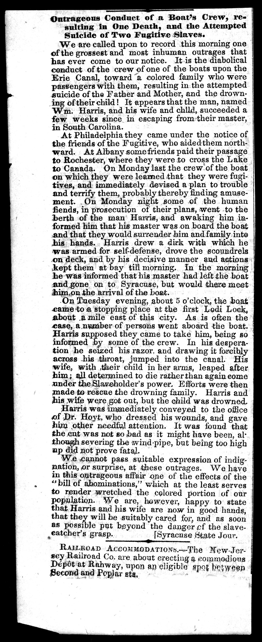 Newspaper article from the New York Tribune, October 26, 1850 page 1