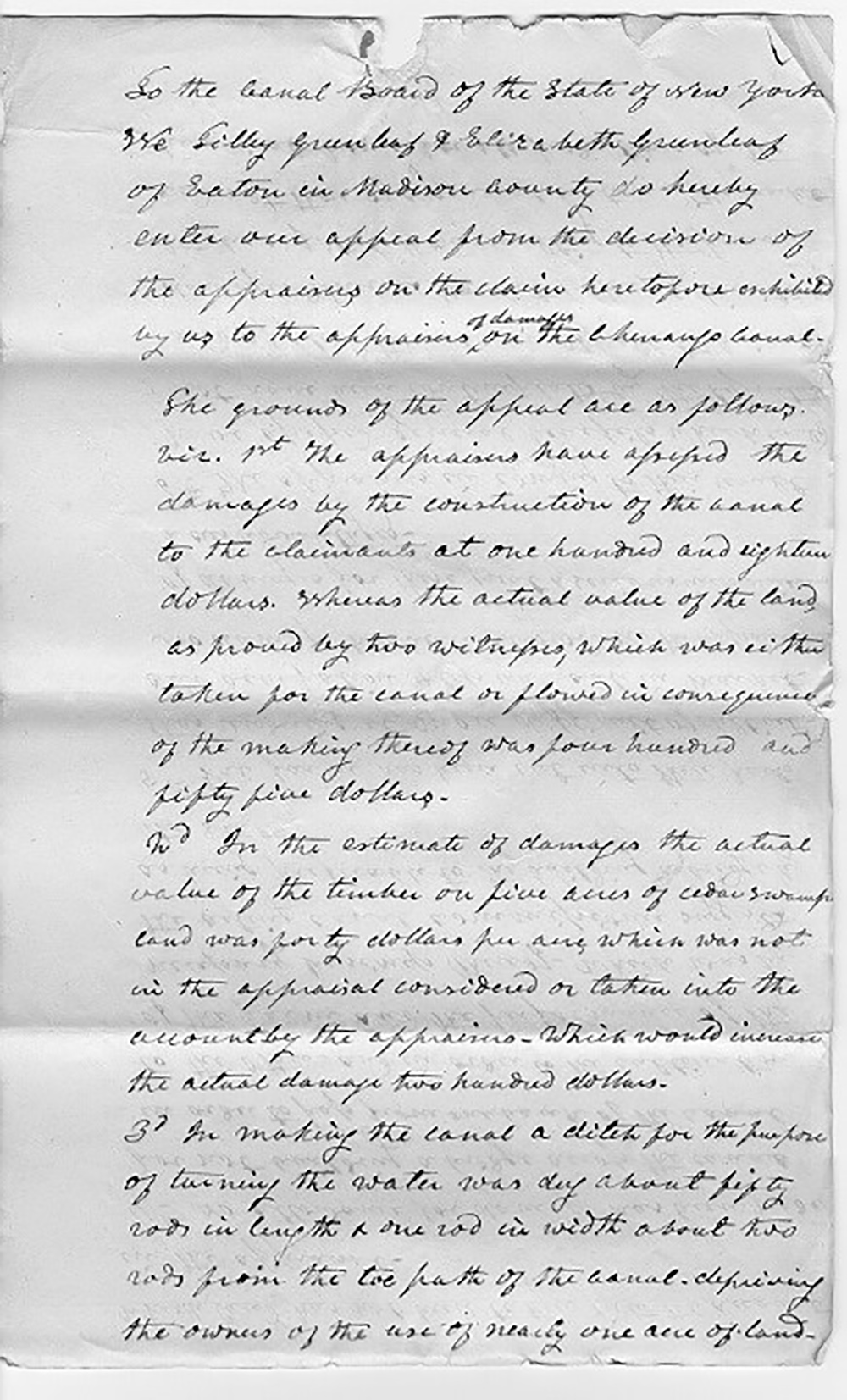 Petition to the canal board from Tilley and Elizabeth Greenleaf of Eaton, Madison County, August 7, 1838 page 1