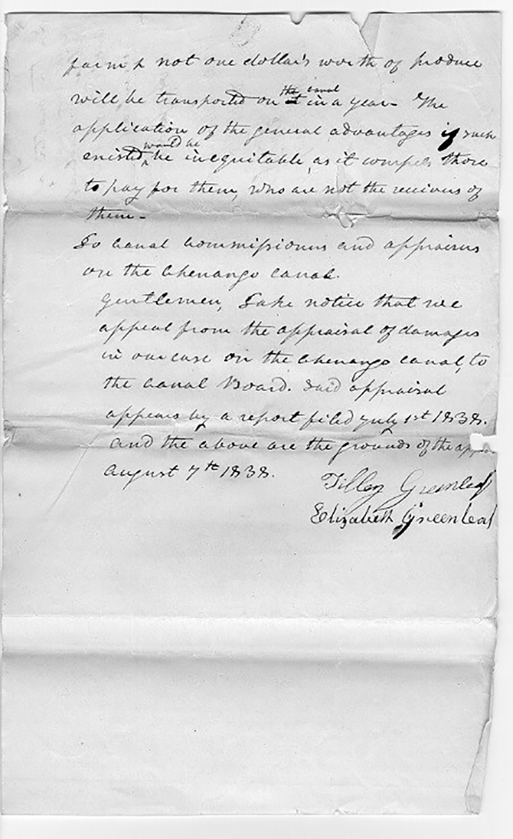 Petition to the canal board from Tilley and Elizabeth Greenleaf of Eaton, Madison County, August 7, 1838 page 3