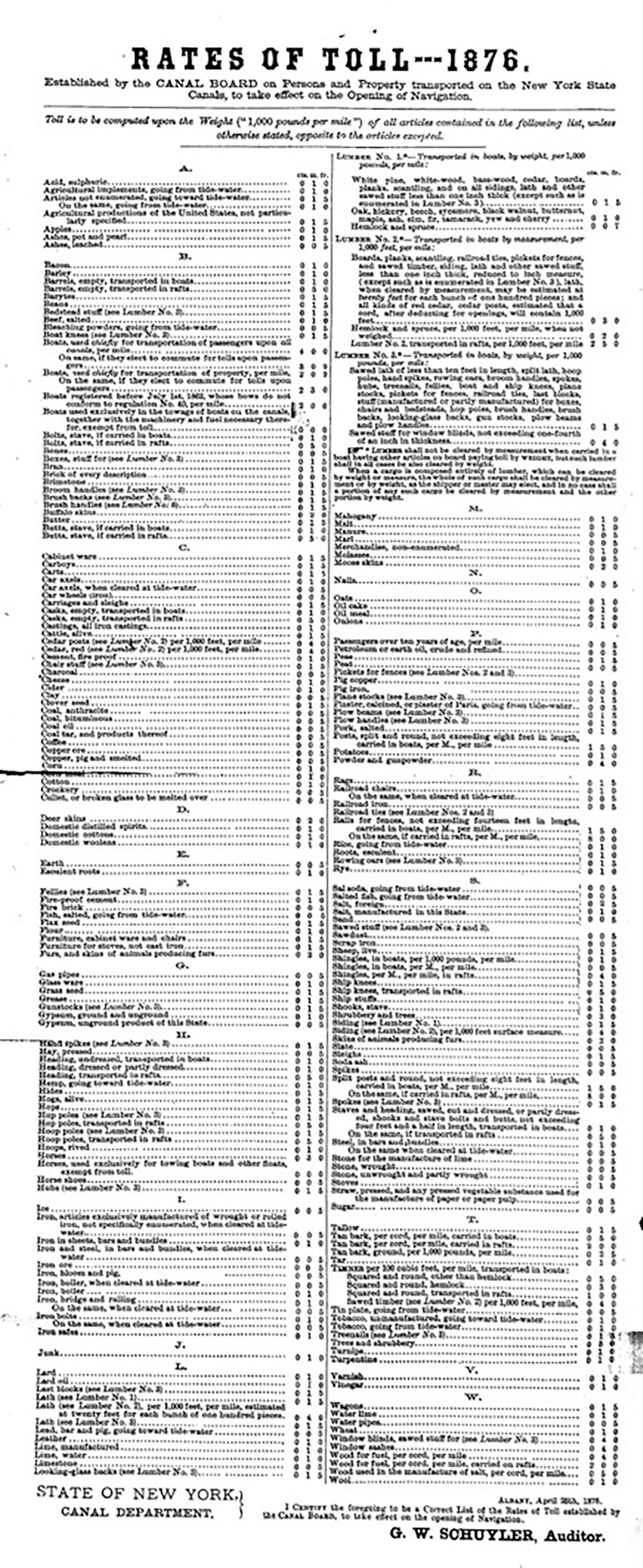 "Rates of Toll" issued by the Canal Board, Albany, 1876 page 1