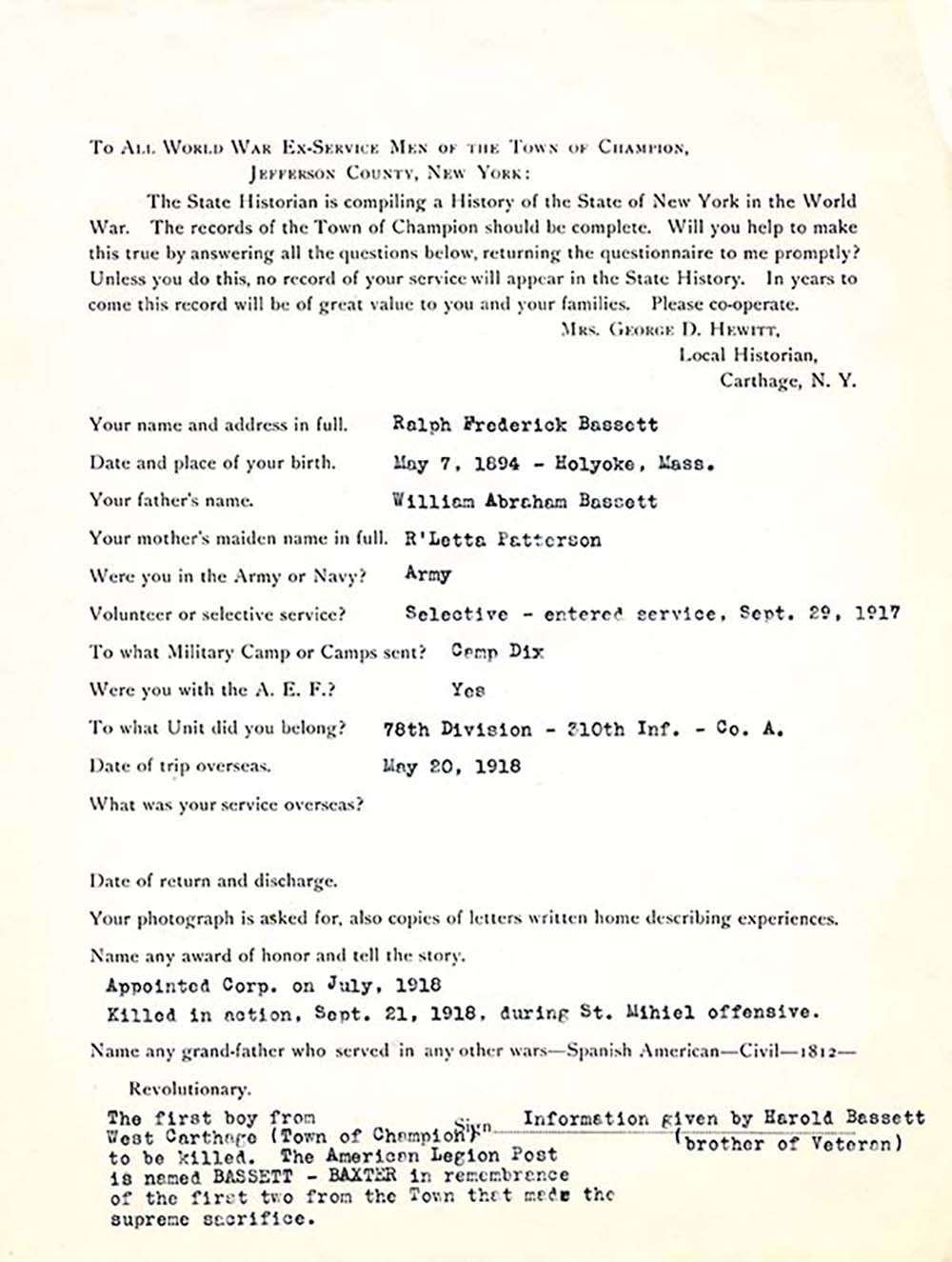Ralph Frederick Bassett Questionnaire with Funeral Description page 1
