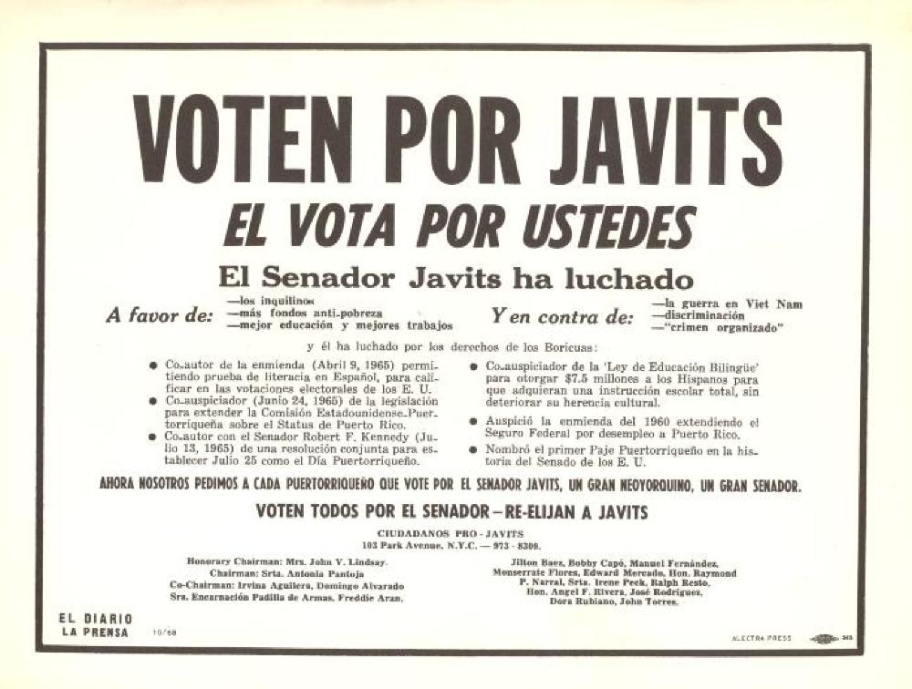 Vote for Javits (Jacob Koppel Javits), United States Senate, in Spanish, 1968 page 1