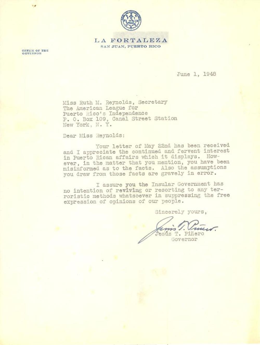 Puerto Rico Governor PiÃ±ero, Freedom of Expression, 1948 page 1