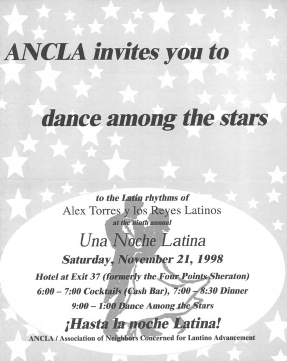 Association of Neighbors Concerned for Latino Advancement (ANCLA), "Dance Among the Stars" Flyer, Syracuse, 1998 page 1