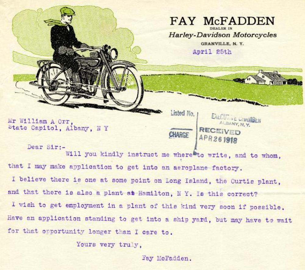 Fay McFadden Employment Inquiry, World War I, April 25, 1918 page 1