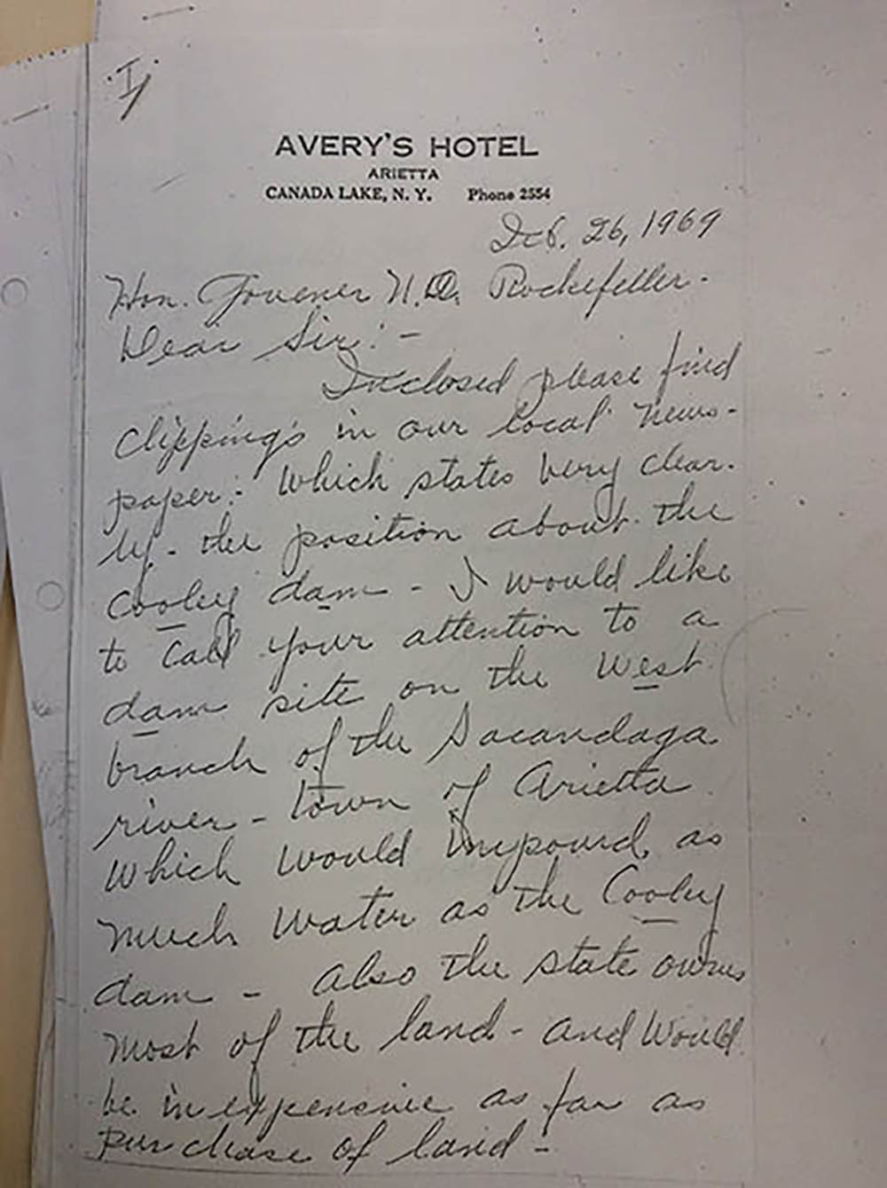 Letter. Lyman Avery to Governor Rockefeller page 1