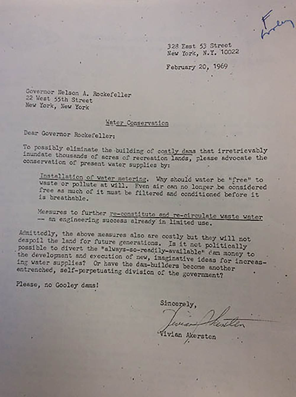 Letter. Vivian Akerston to Governor Rockefeller page 1