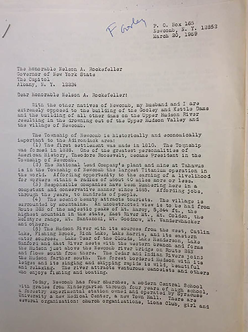 Letter. Mary E. Breen Braley to Governor Rockefeller page 1