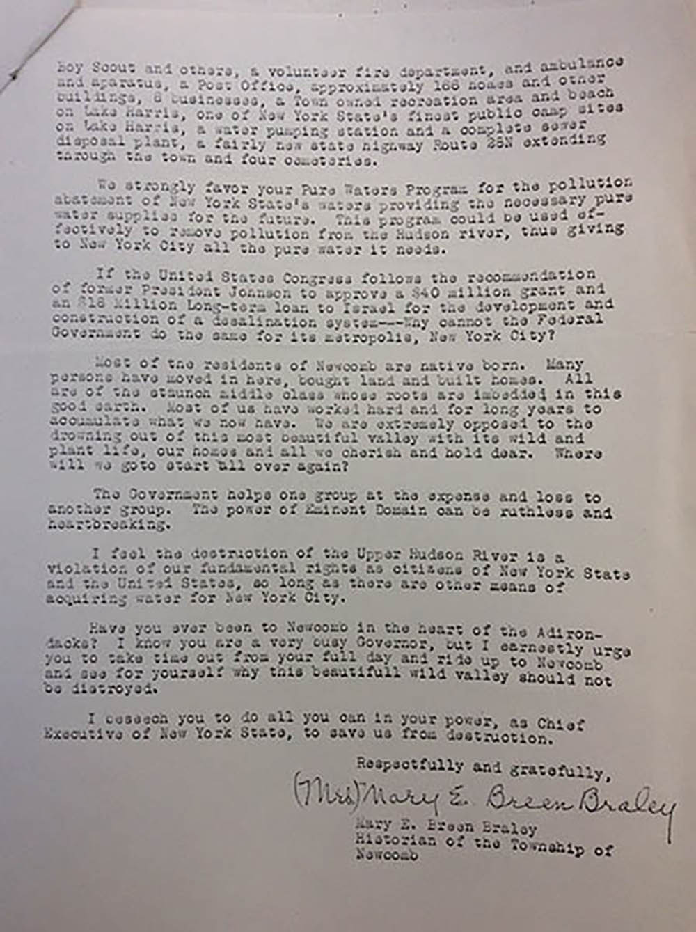 Letter. Mary E. Breen Braley to Governor Rockefeller page 2