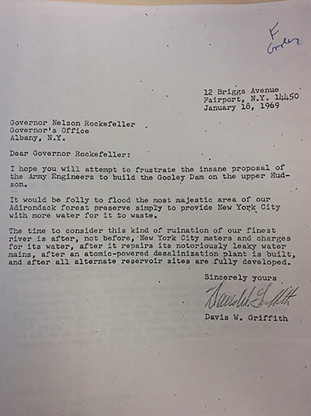 Letter. Davis W. Griffin to Governor Rockefeller page 1