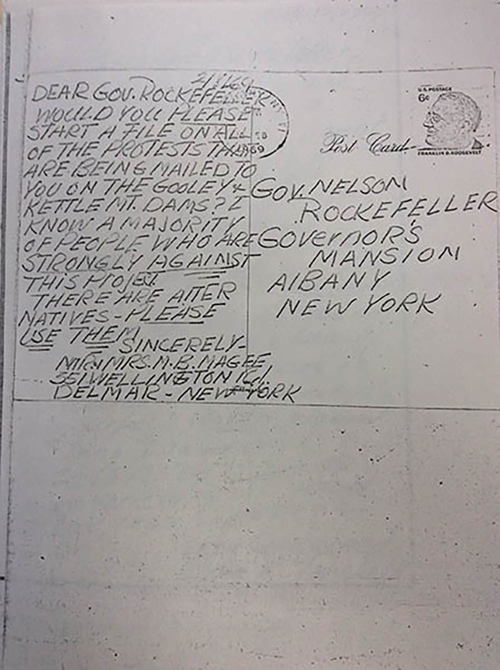 Postcard. Mr. and Mrs. Magee to Governor Rockefeller page 1