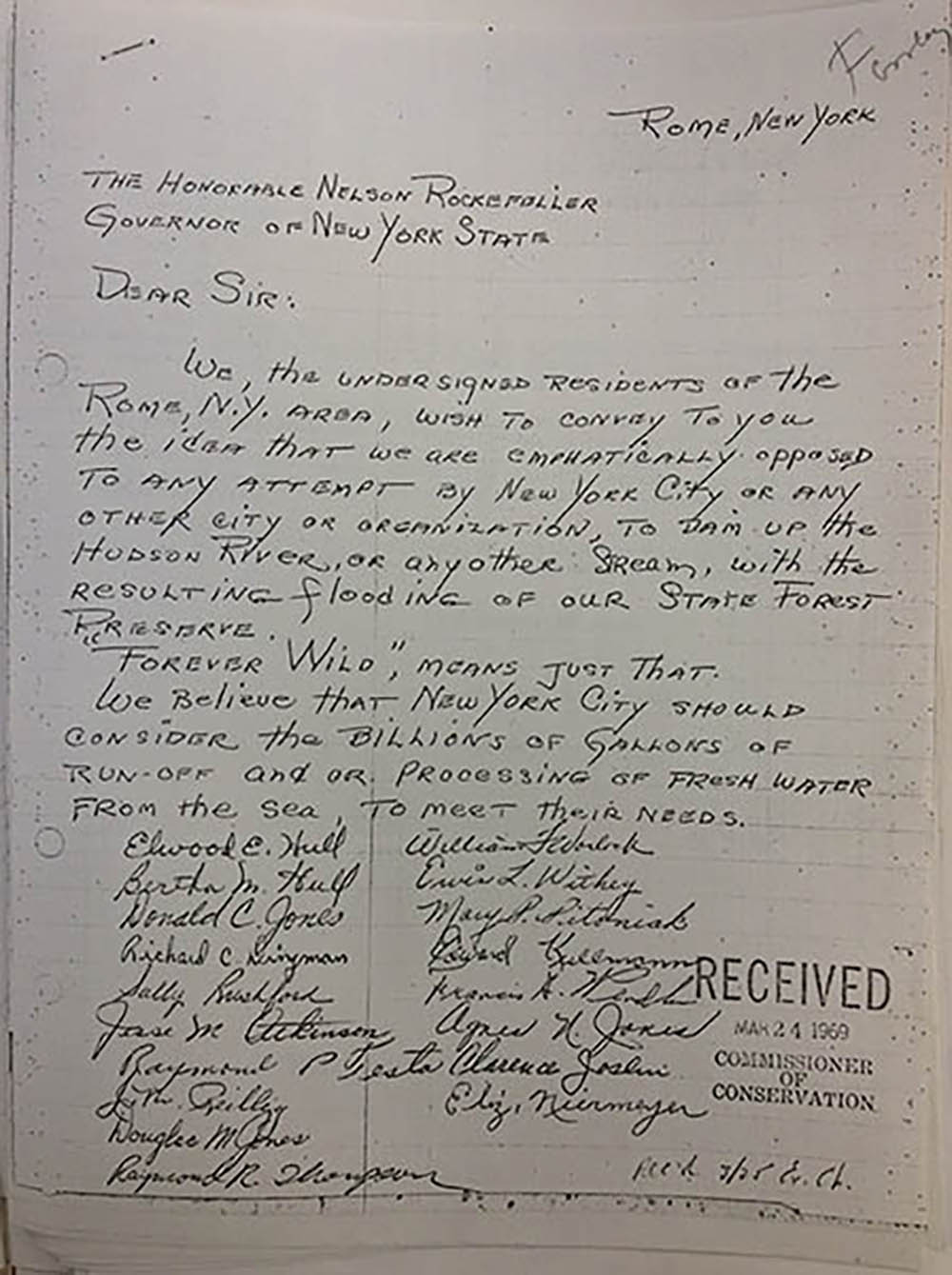 Letter. Residents of Rome, New York to Governor Rockefeller page 1