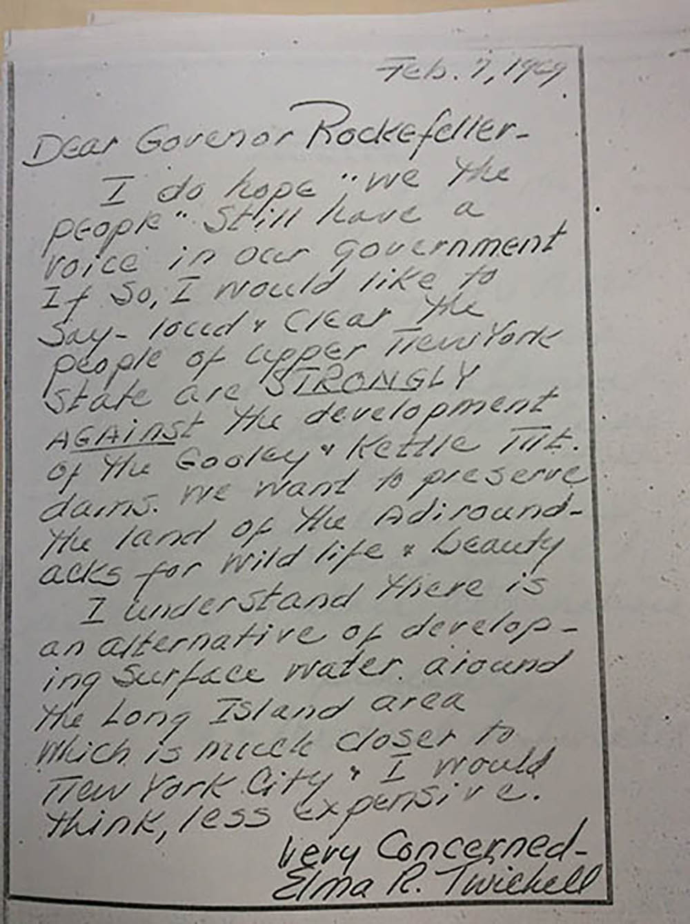 Letter. Elma R. Twickell to Governor Rockefeller page 1