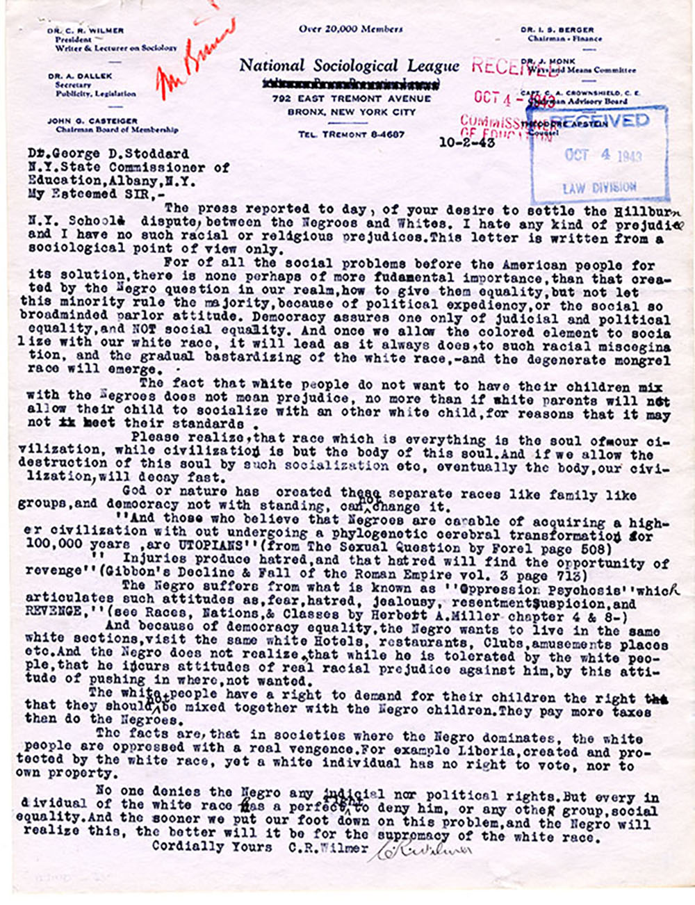 Letter from Wilmer, October 2, 1943 page 1