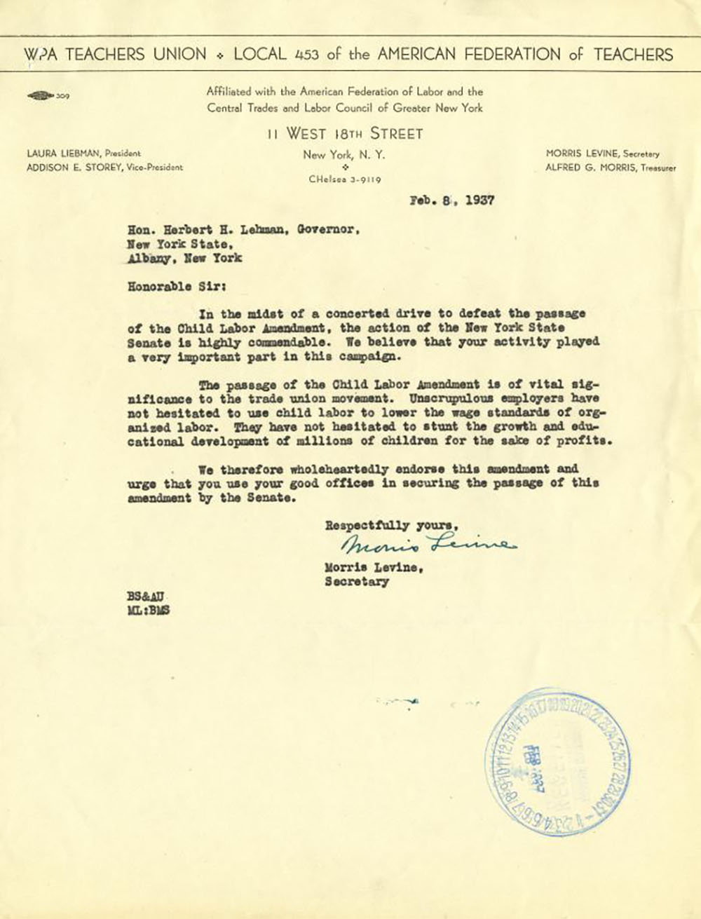 Letter from WPA Teachers Union to Gov. Lehman page 1