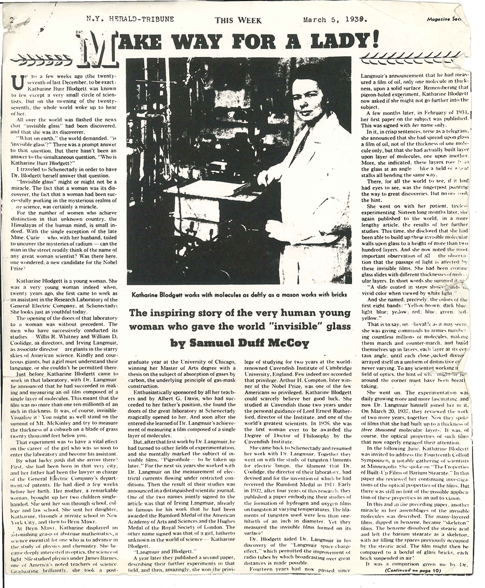 "Make Way for a Lady!" Article on Katharine Burr Blodgett page 1