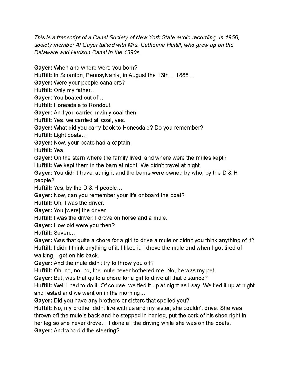 Oral history transcript of a 1956 audio recording of Mrs. Catherin Huftill talking with New York State Canal Society member Al Gayer page 1