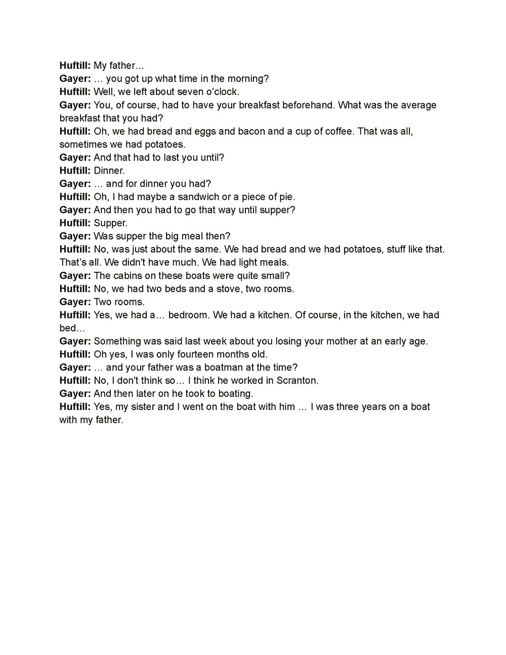 Oral history transcript of a 1956 audio recording of Mrs. Catherin Huftill talking with New York State Canal Society member Al Gayer page 2