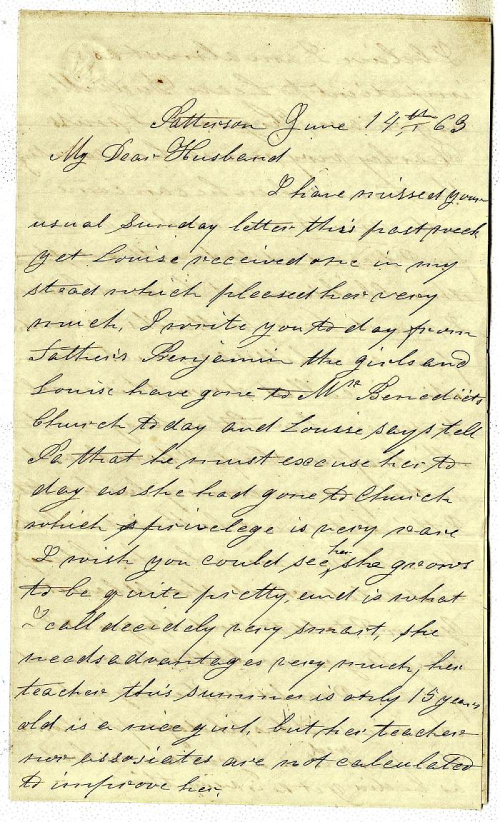 Letter from Jane Penny to Her Husband, June 14, 1863 page 1