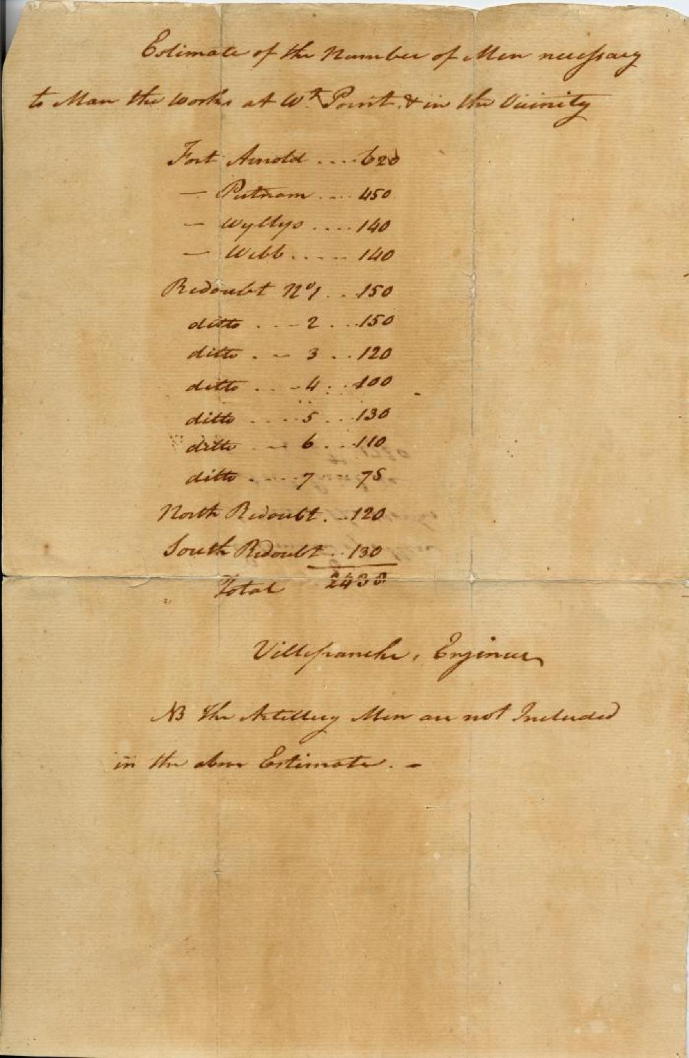 Men Necessary to Man the Works at West Point, British Major John Andre, Benedict Arnold, 1780 page 1