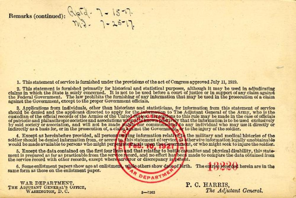 World War I Service Record for Antonio Gonzales, c. 1920 page 2