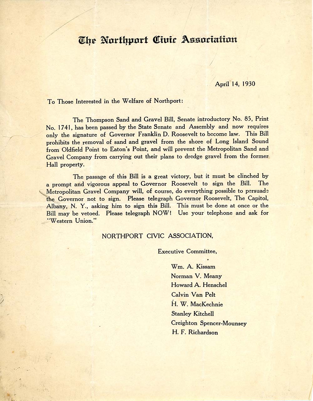 Sand Mining Civic Association Letter 1930 page 1