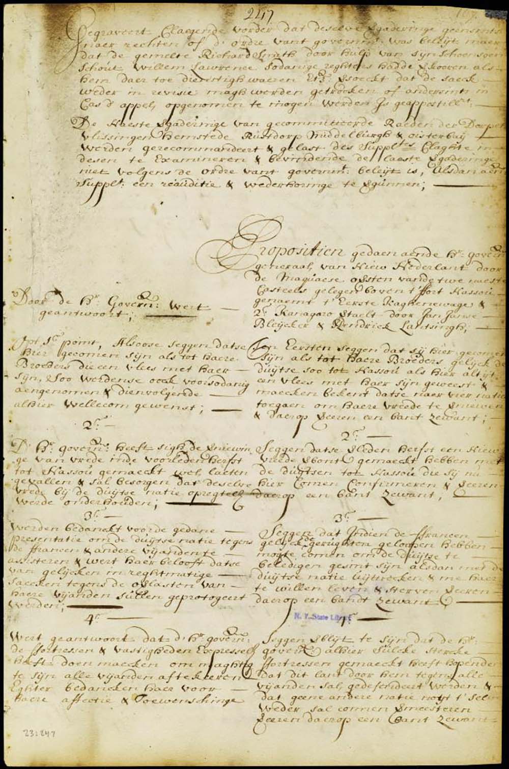 Propositions of the Mohawk Indians to Gov. Colve and his answer page 1