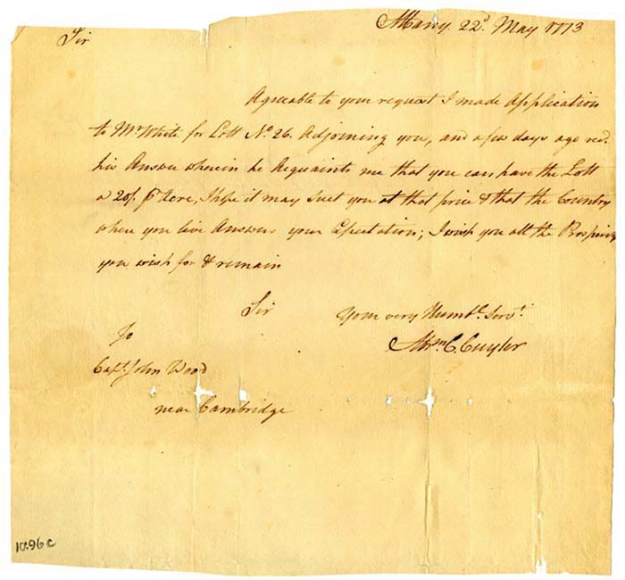 Letter from Abraham C. Cuyler to Captain John Wood, 1773 page 1