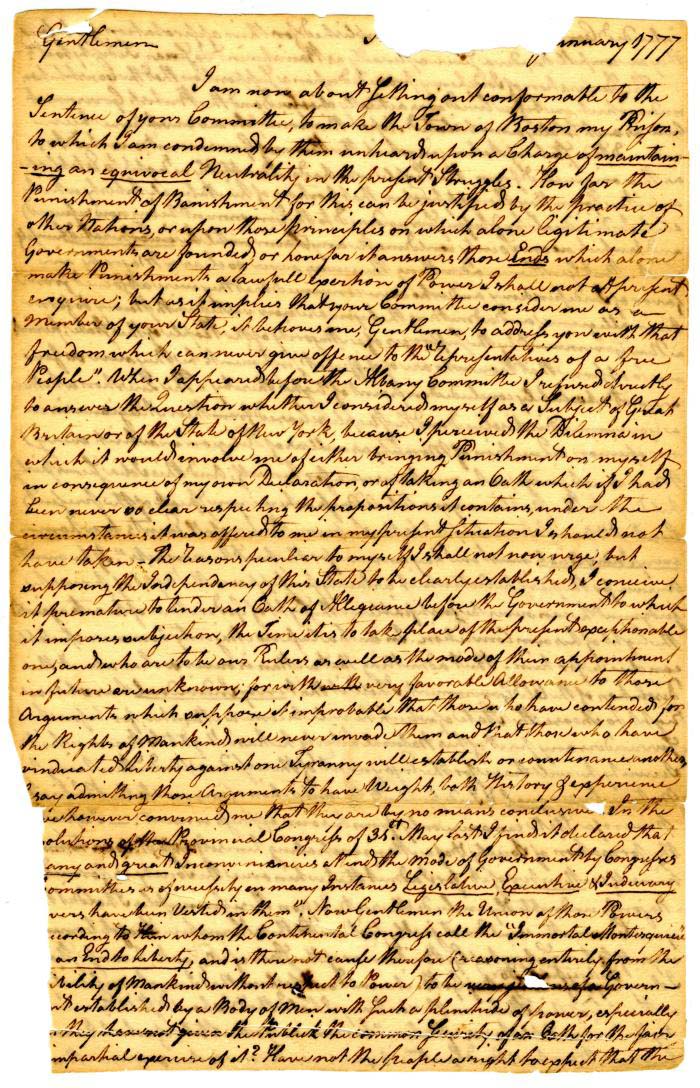 Letter to the Albany Committee, 1777 page 1
